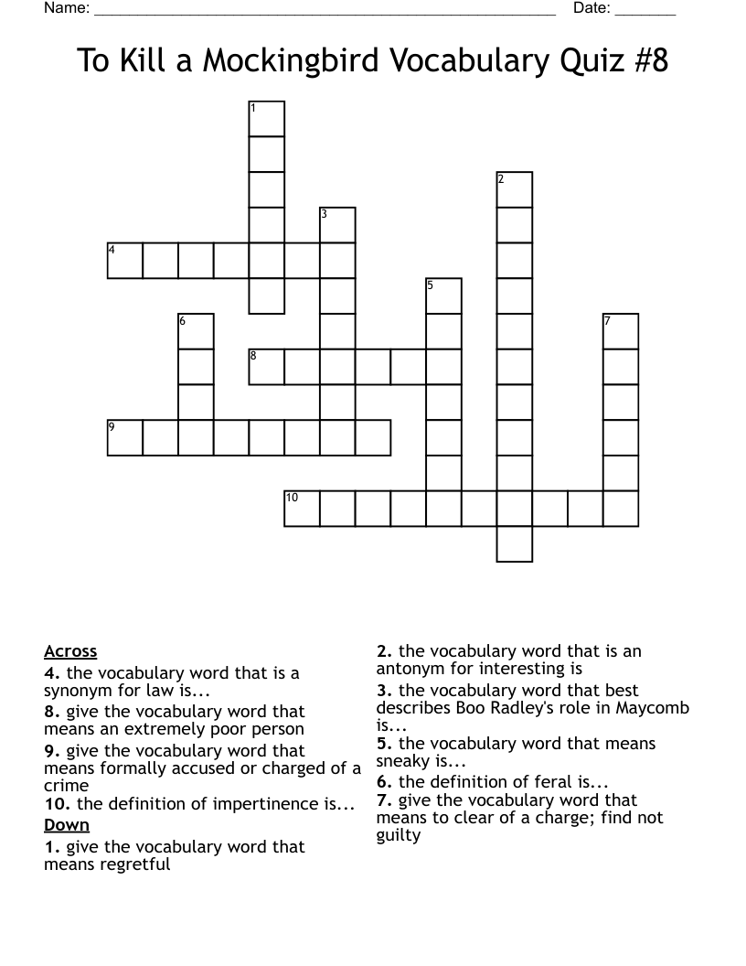 To Kill a Mockingbird Vocabulary Quiz #8 Crossword