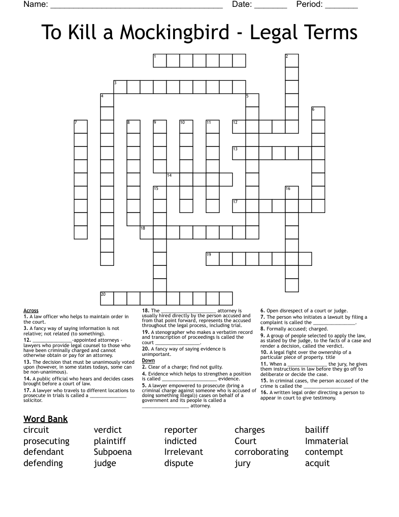 To Kill a Mockingbird - Legal Terms Crossword
