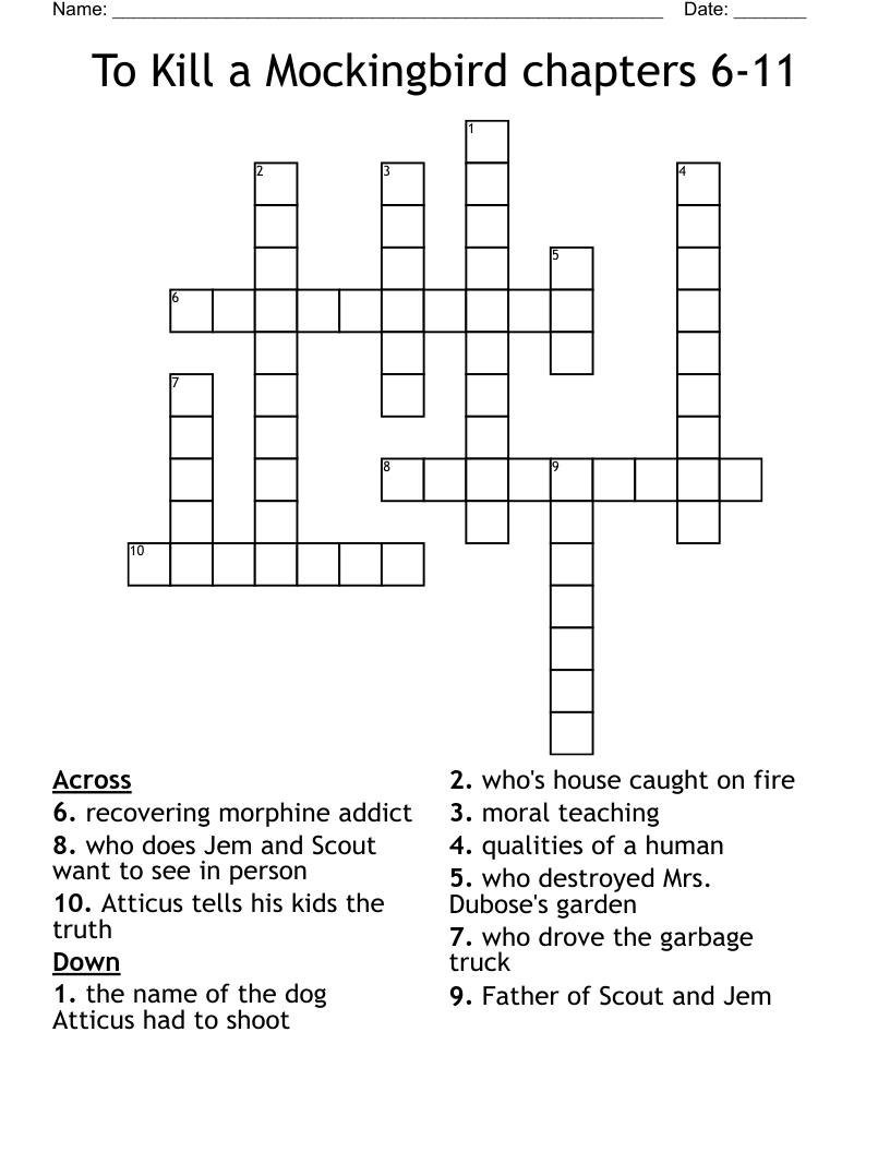 To Kill a Mockingbird chapters 6-11 Crossword