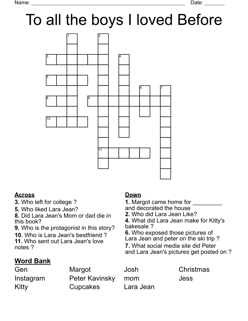 To all the boys I loved Before Crossword