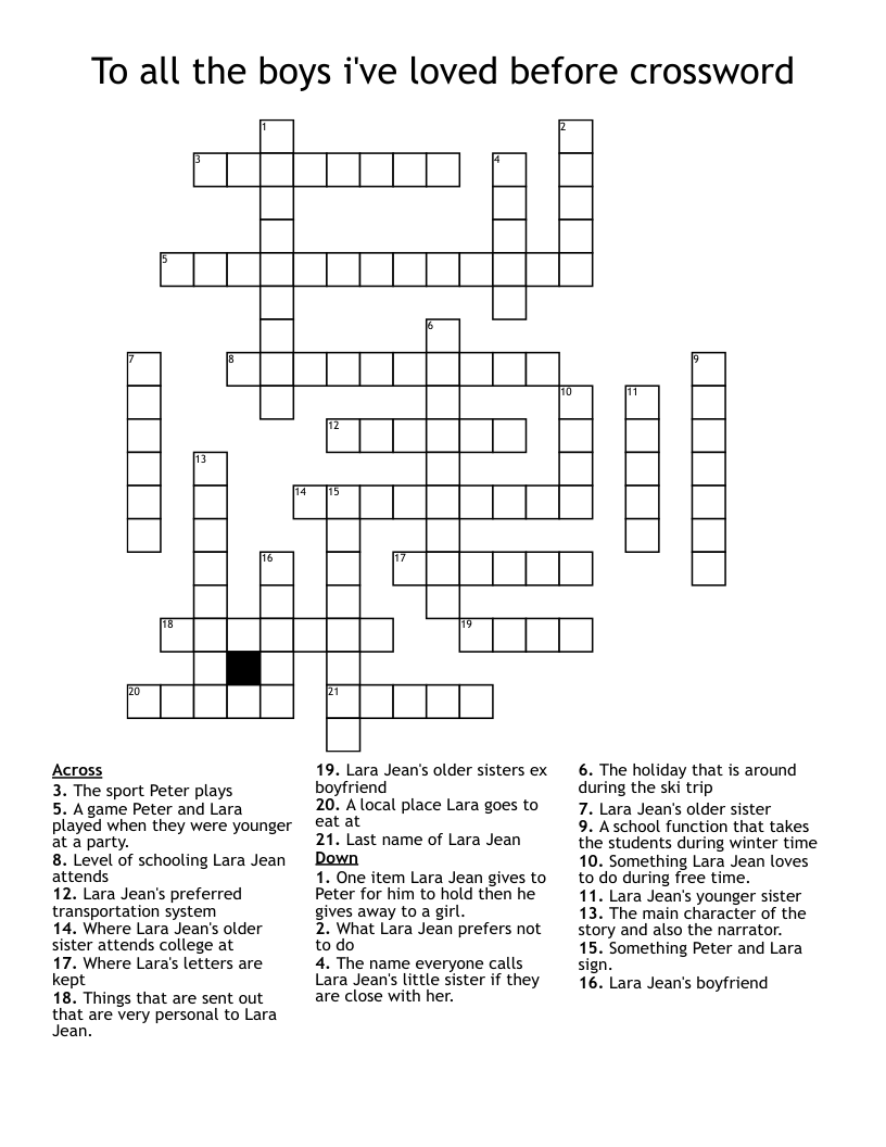 To all the boys i've loved before crossword