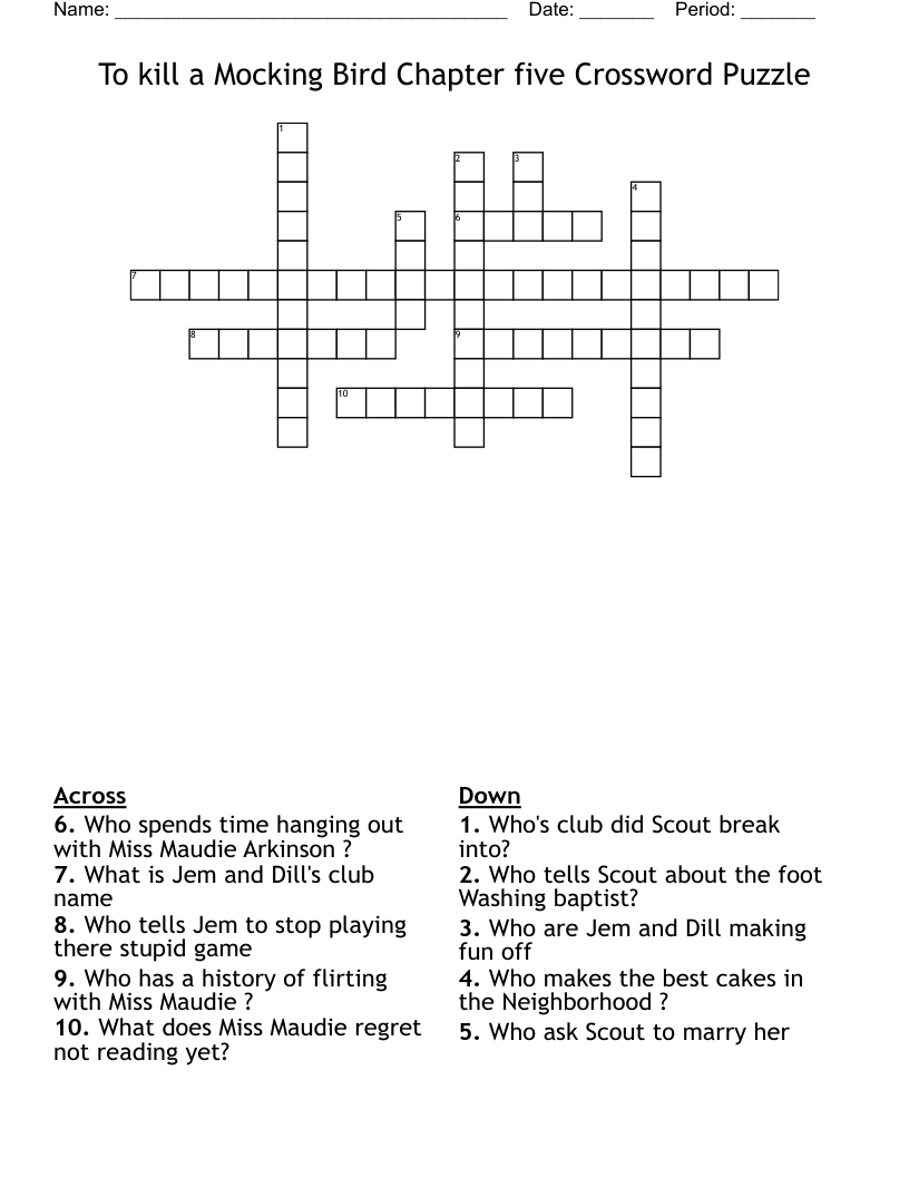 To kill a Mocking Bird Chapter five Crossword Puzzle 