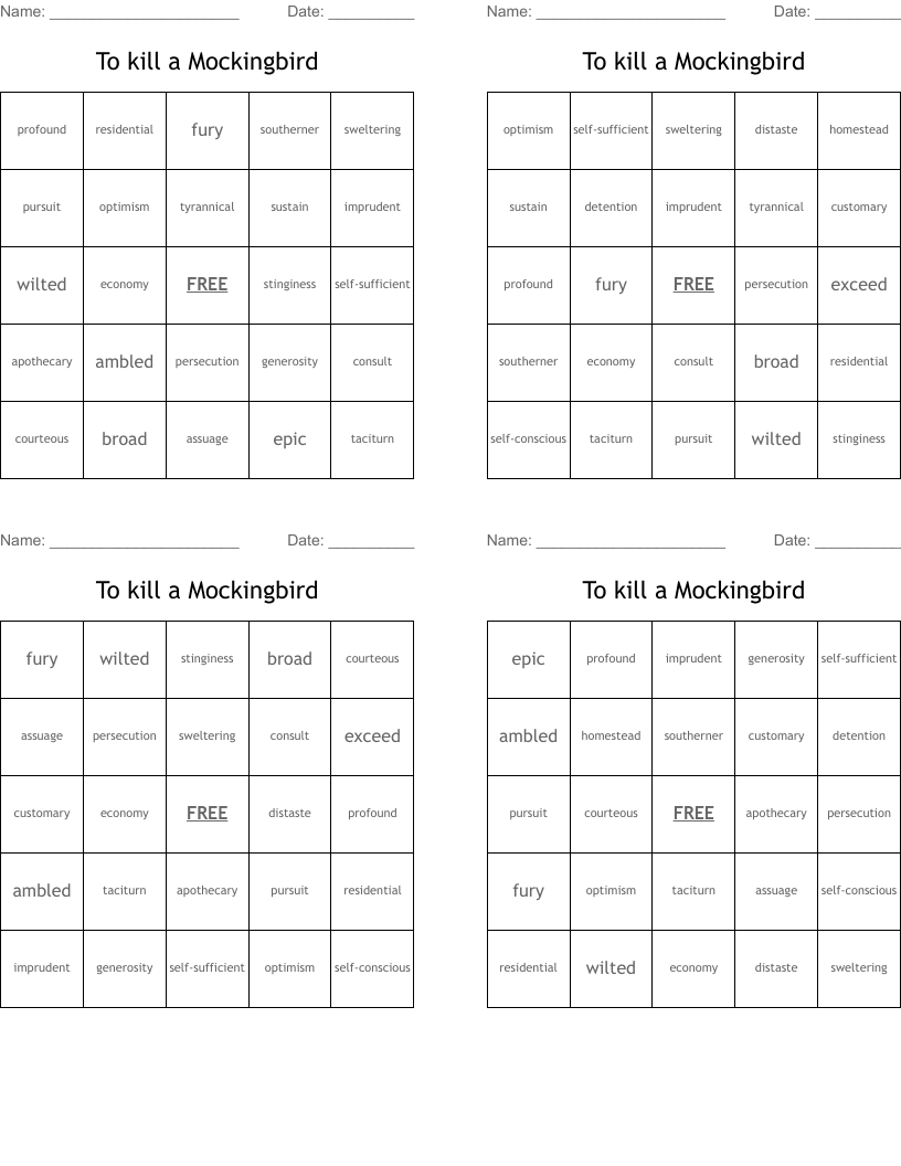 To kill a Mockingbird Bingo Cards