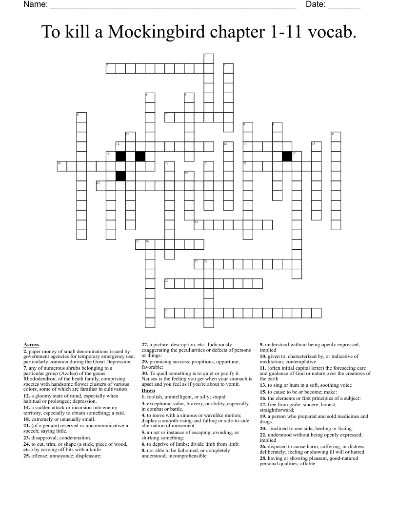 To kill a Mockingbird chapter 1-11 vocab. Crossword