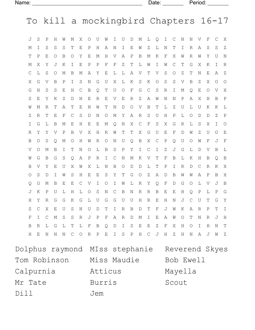To kill a mockingbird Chapters 16-17 Word Search