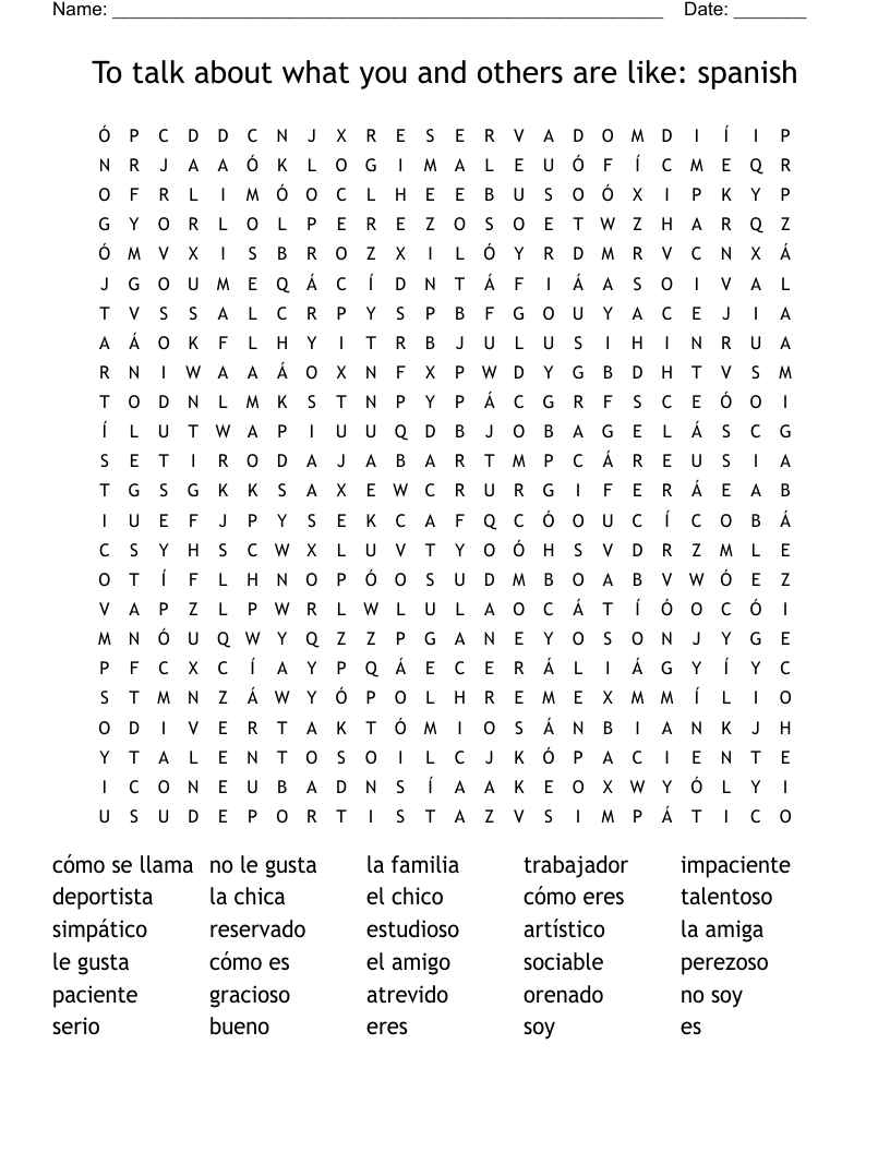 To talk about what you and others are like: spanish Word Search