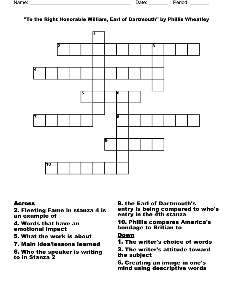"To the Right Honorable William, Earl of Dartmouth" by Phillis Wheatley Crossword