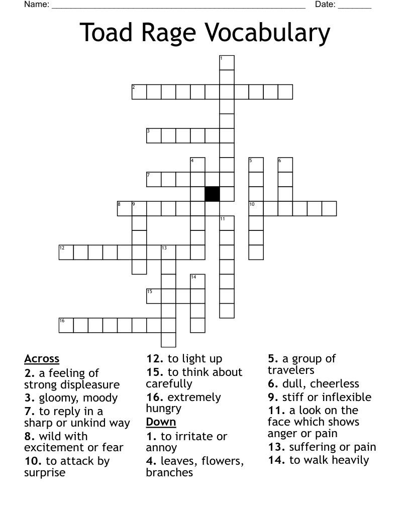 Toad Rage Vocabulary Crossword