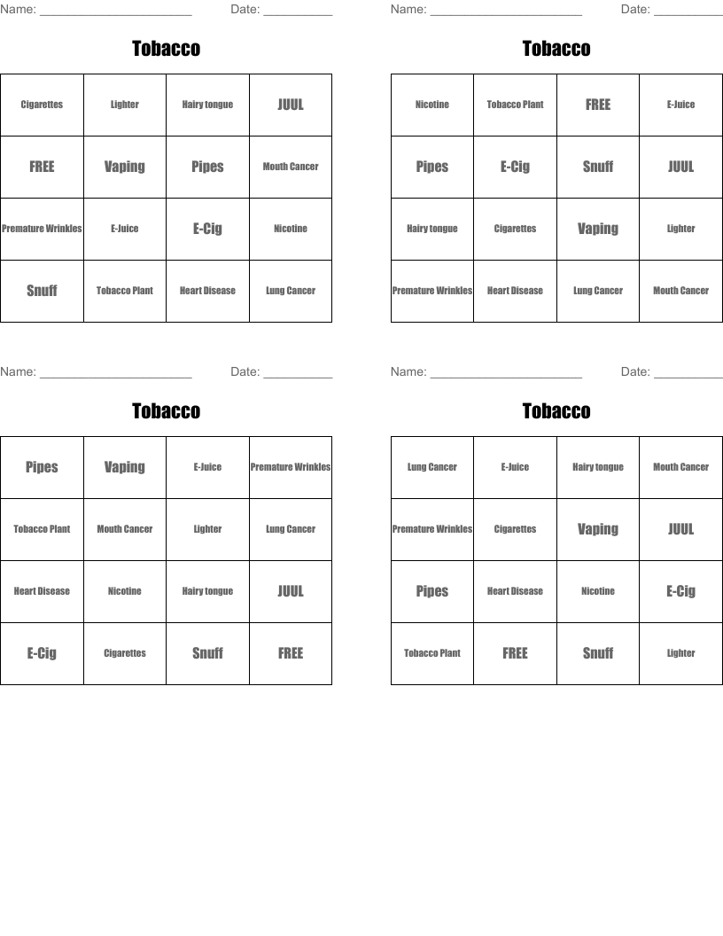 Tobacco Bingo Cards
