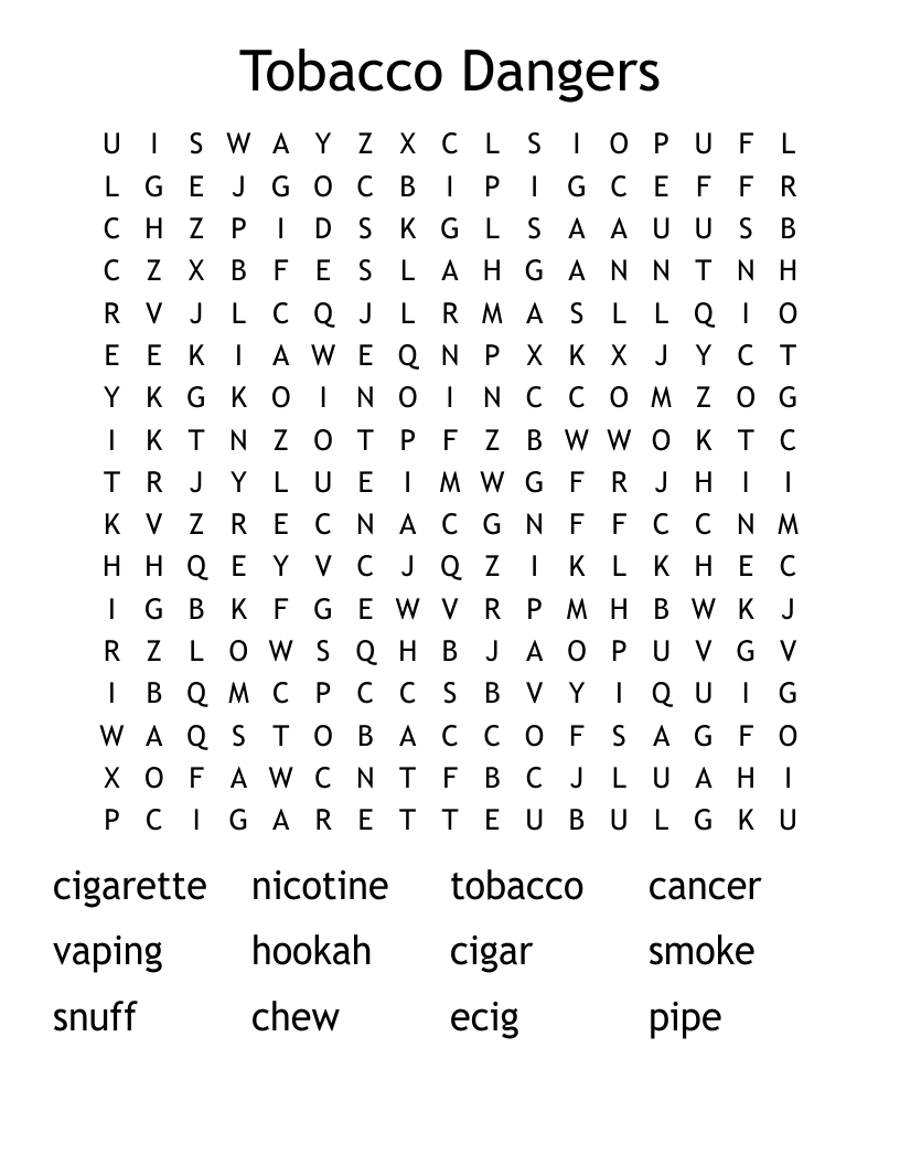 Tobacco Dangers Word Search