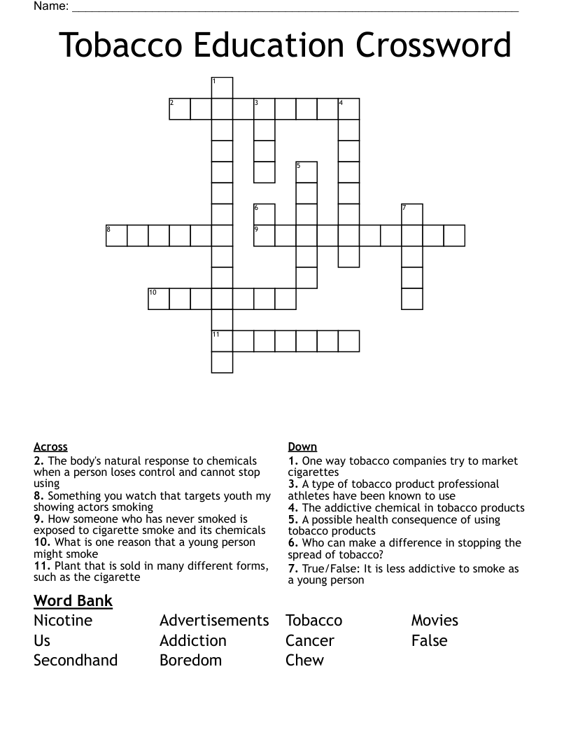 Tobacco Education Crossword