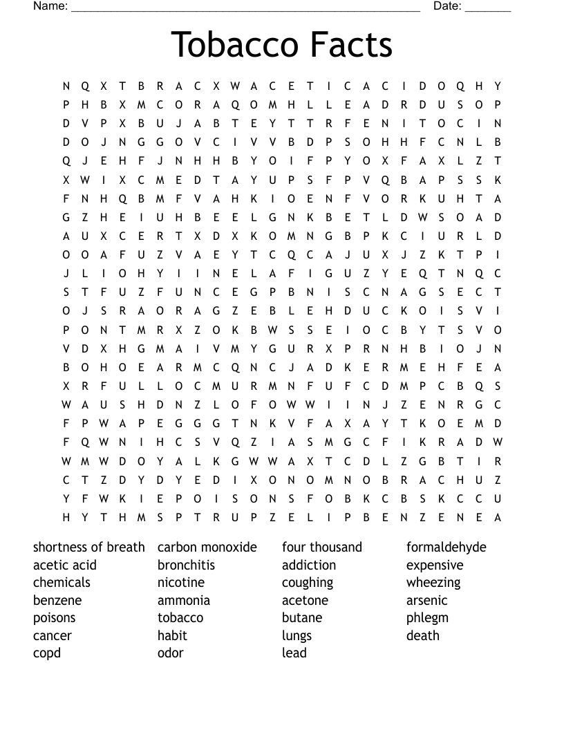 Tobacco Facts Word Search