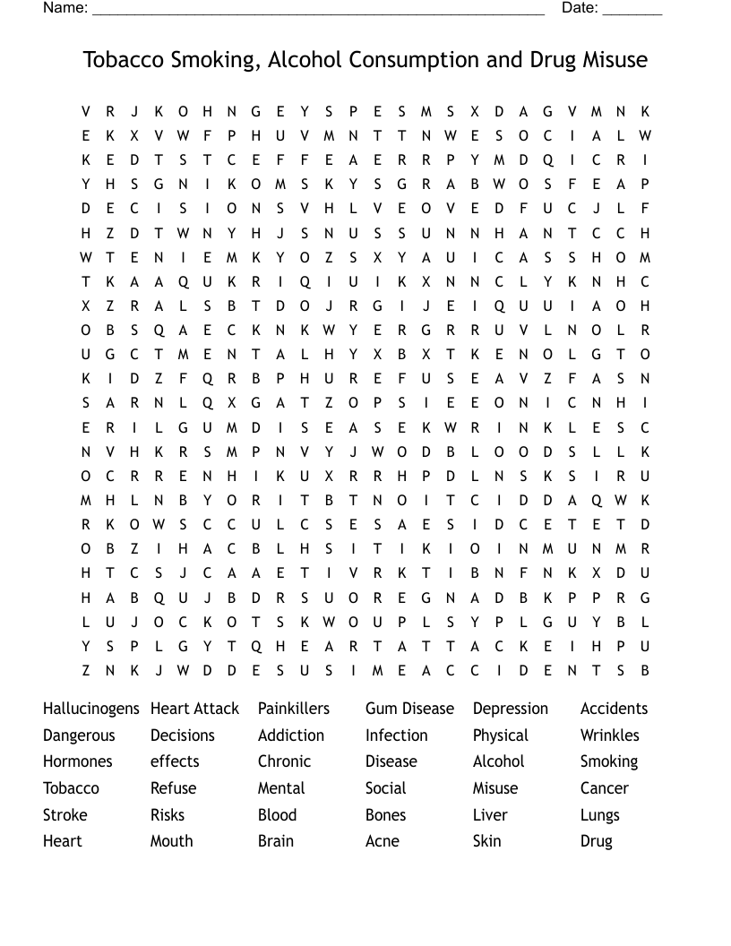 Tobacco Smoking, Alcohol Consumption and  Drug Misuse  Word Search