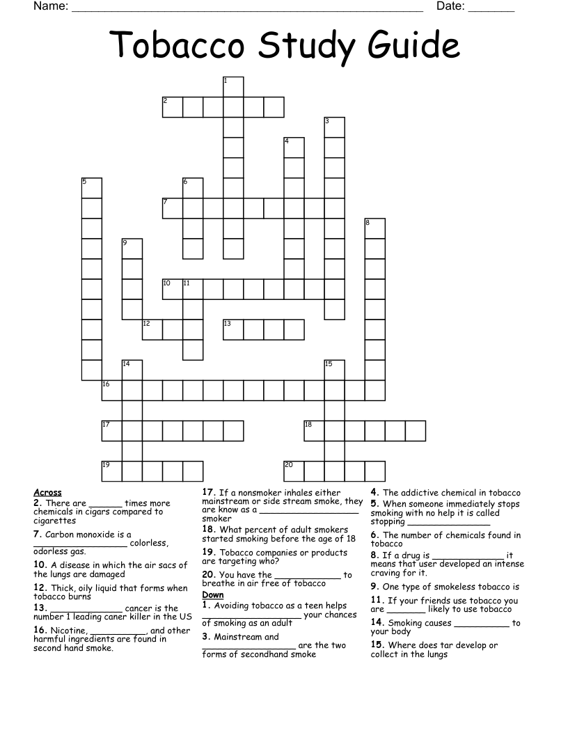 Tobacco Study Guide  Crossword