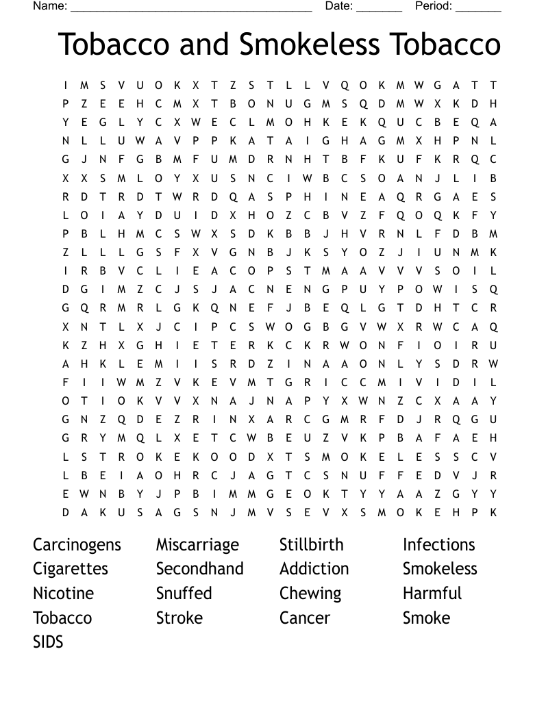 Tobacco and Smokeless Tobacco Word Search