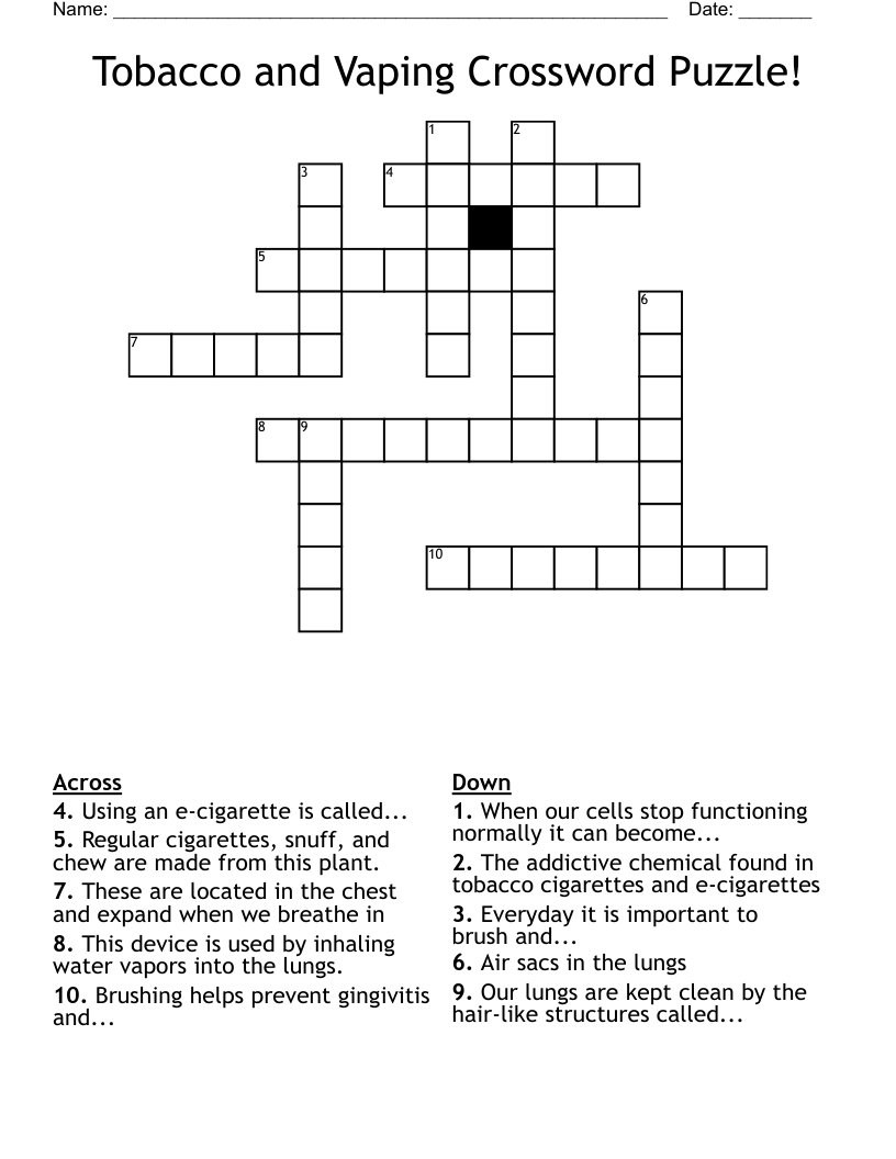 Tobacco and Vaping Crossword Puzzle!