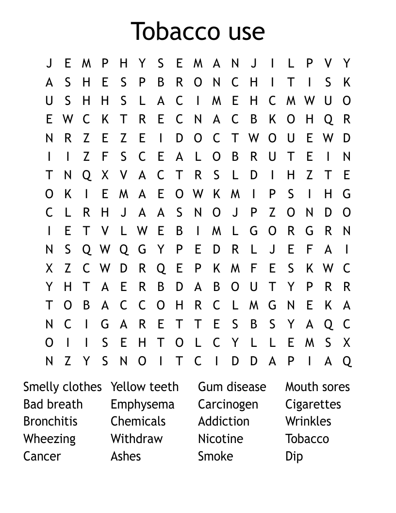 Tobacco use Word Search