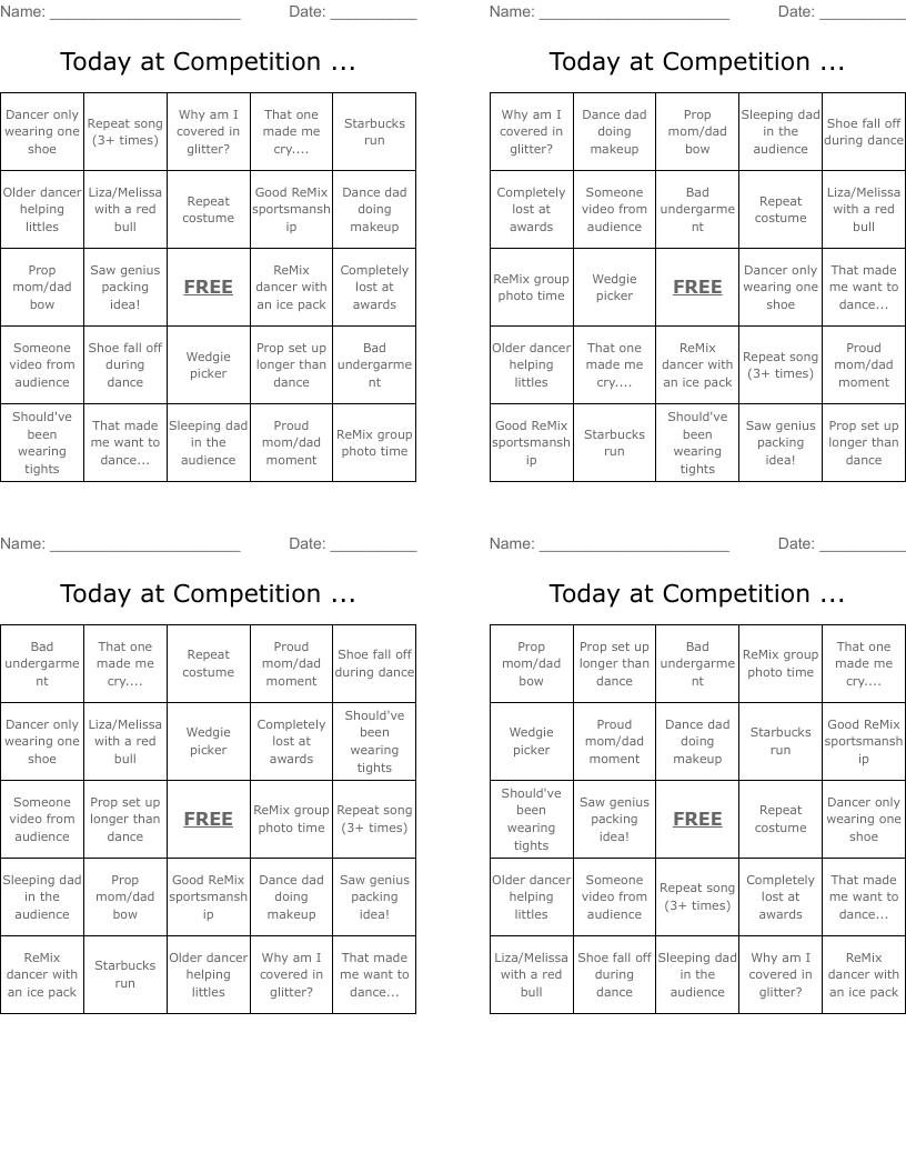 Today at Competition ... Bingo Cards
