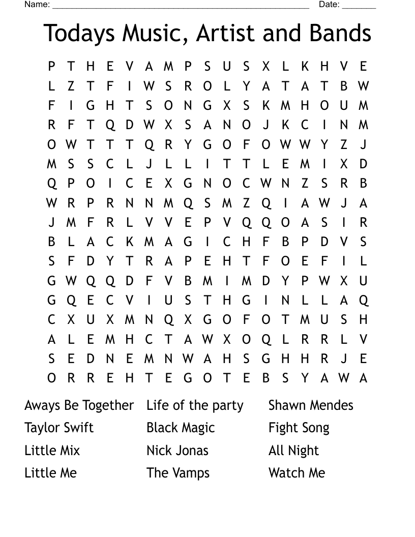 Todays Music, Artist and Bands Word Search