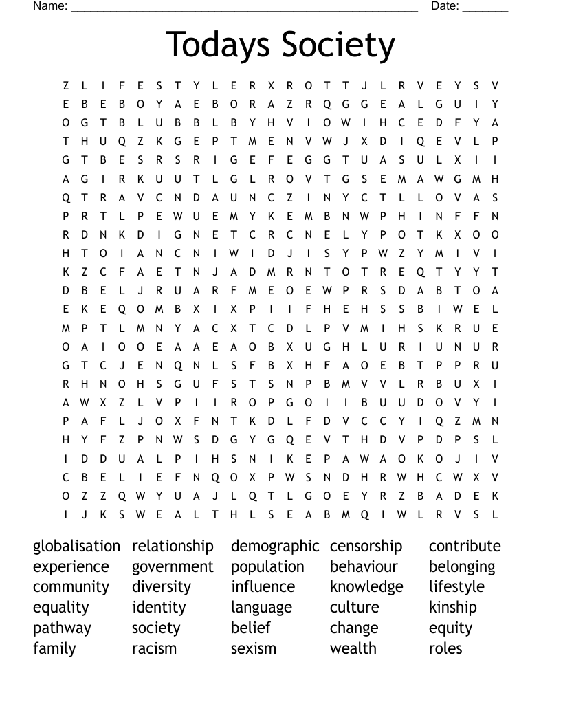 Todays Society Word Search