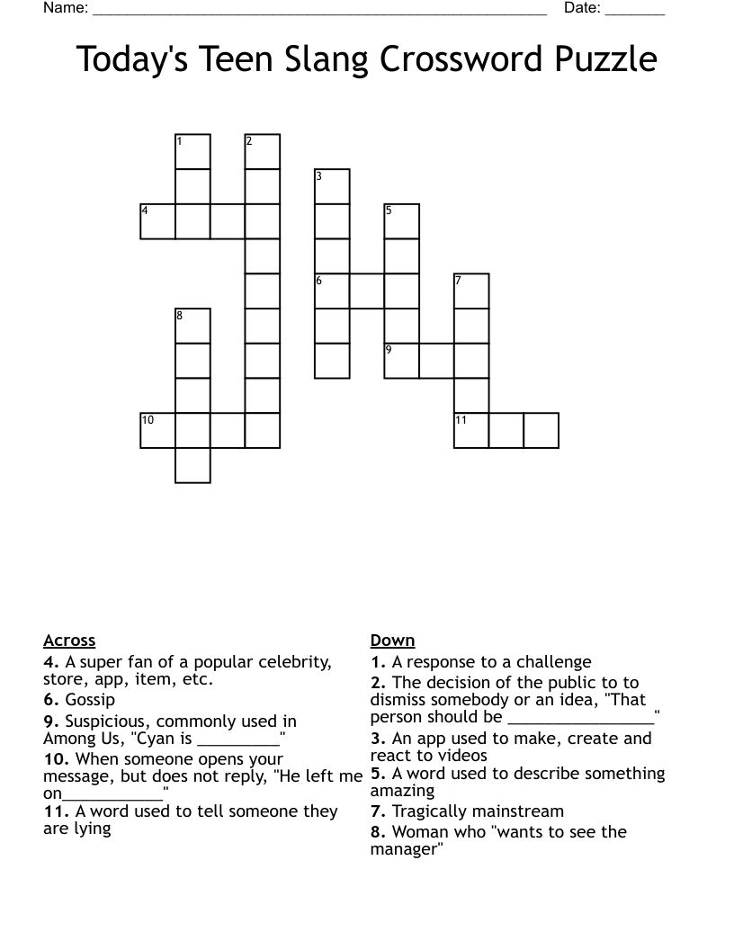 Today's Teen Slang Crossword Puzzle