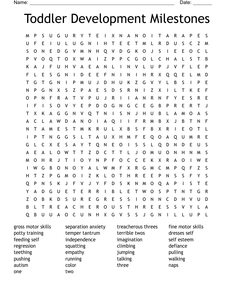 Toddler Development Milestones Word Search