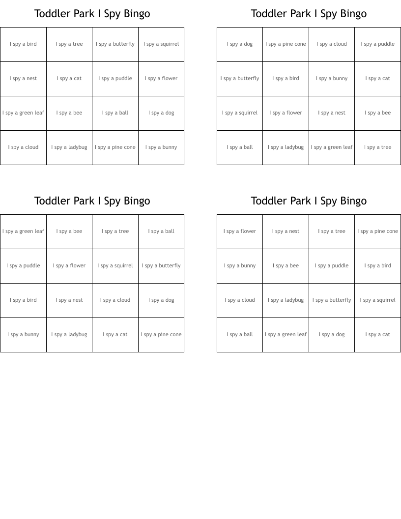 Toddler Park I Spy Bingo 