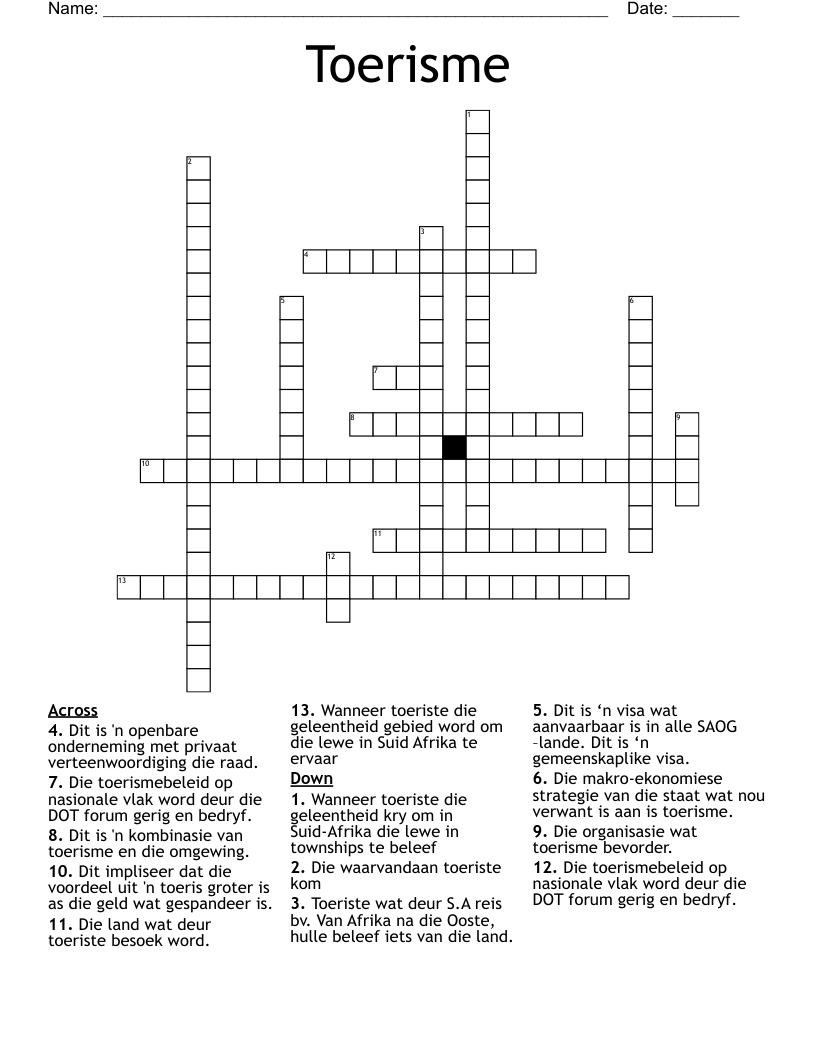 Toerisme Crossword