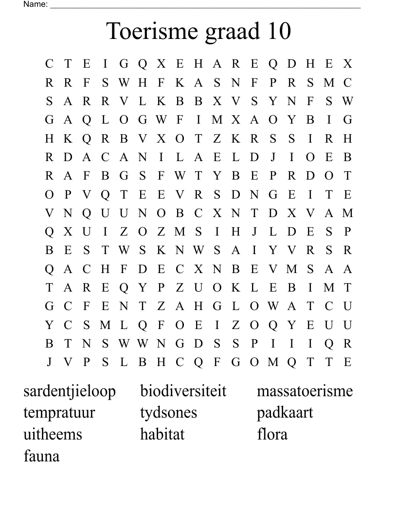 Toerisme graad 10 Word Search