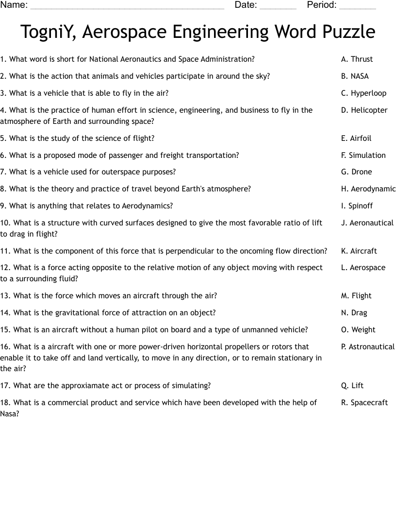 TogniY, Aerospace Engineering Word Puzzle Worksheet