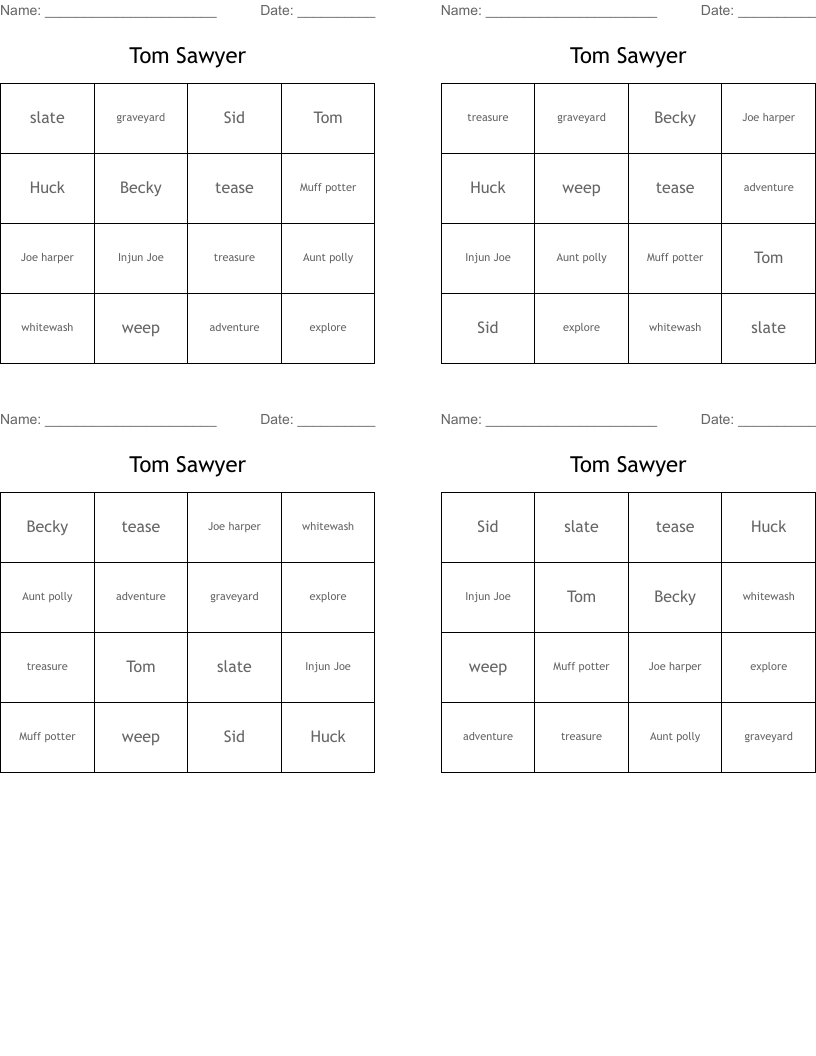 Tom Sawyer Bingo Cards