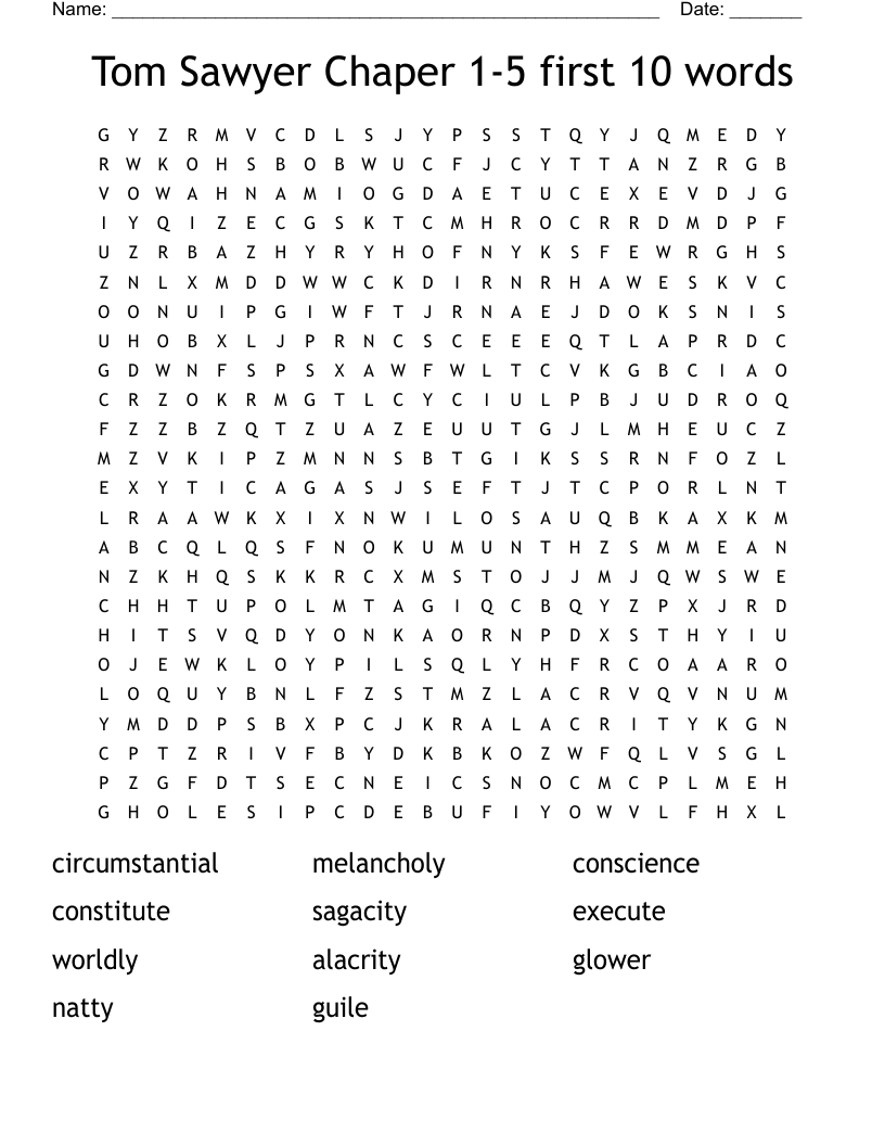 Tom Sawyer Chaper 1-5 first 10 words Word Search