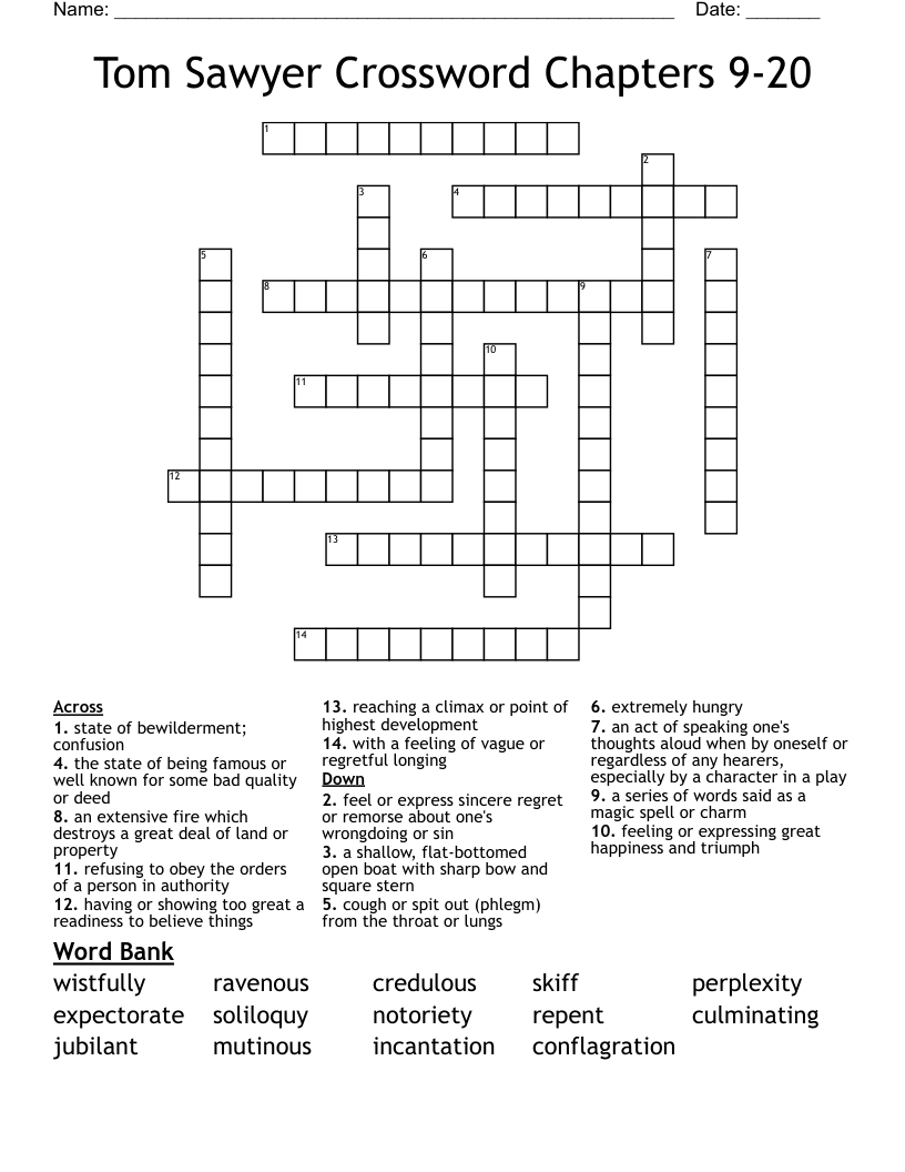 Tom Sawyer Crossword Chapters 9-20