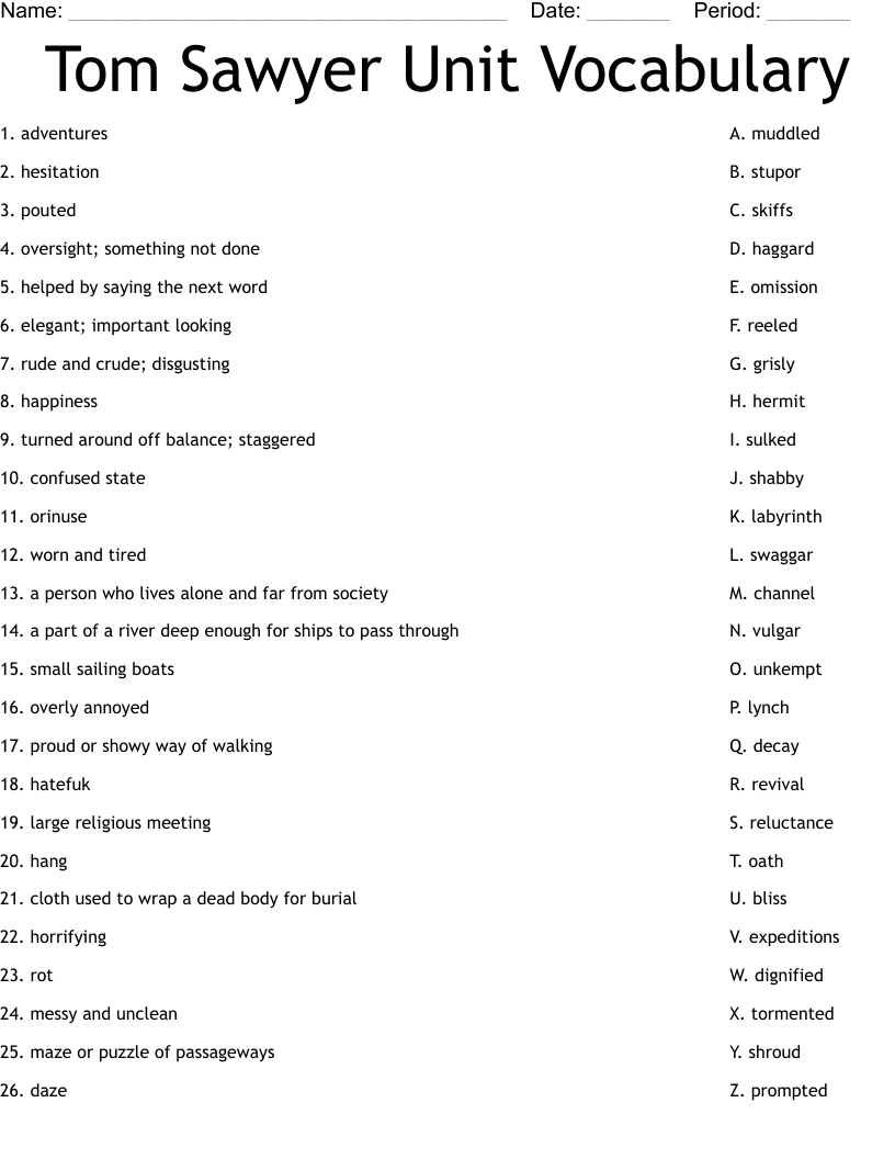 Tom Sawyer Unit Vocabulary Worksheet
