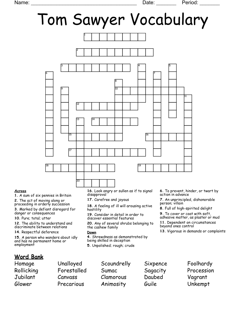 Tom Sawyer Vocabulary Crossword