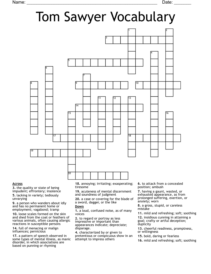 Tom Sawyer Vocabulary Crossword