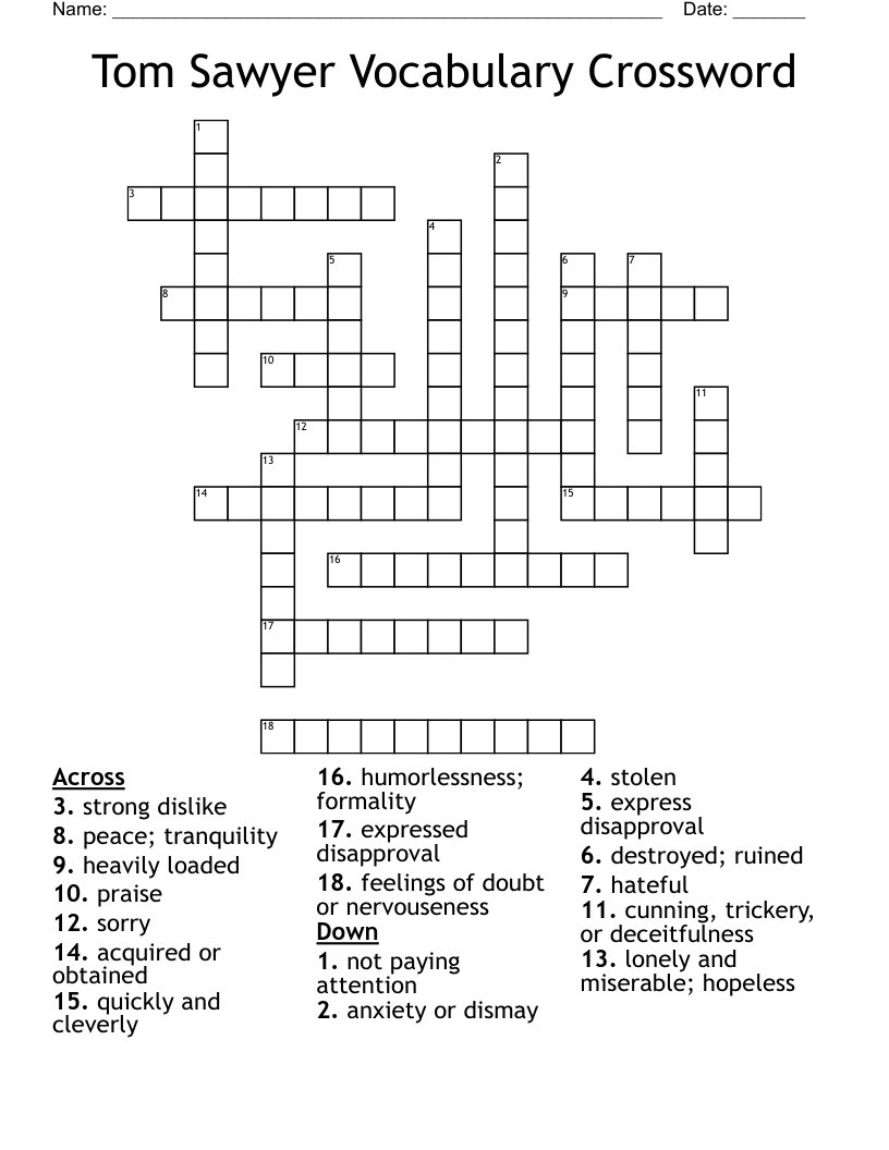 Tom Sawyer Vocabulary Crossword