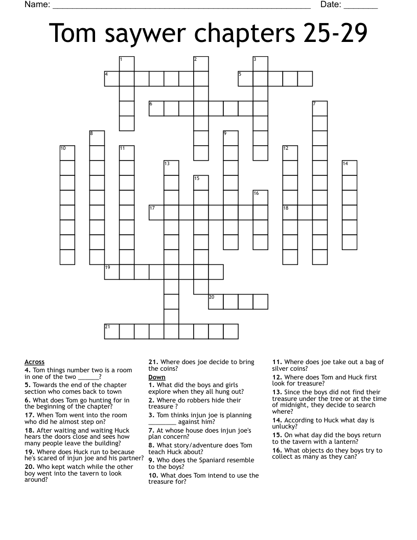 Tom saywer chapters 25-29 Crossword