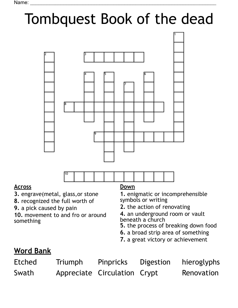 Tombquest Book of the dead Crossword