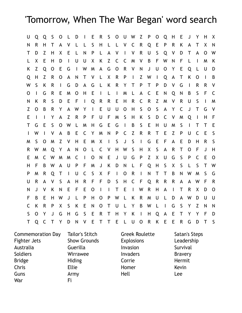 'Tomorrow, When The War Began' word search