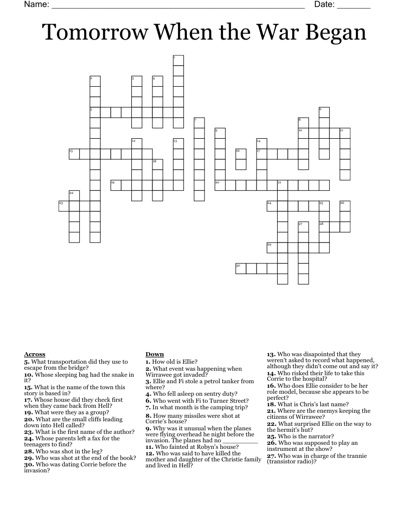 Tomorrow When the War Began Crossword