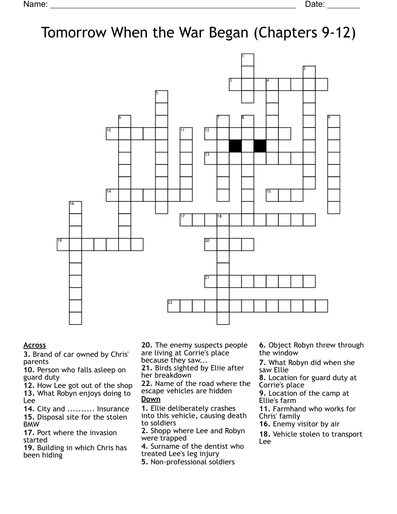 Tomorrow When the War Began (Chapters 9-12) Crossword