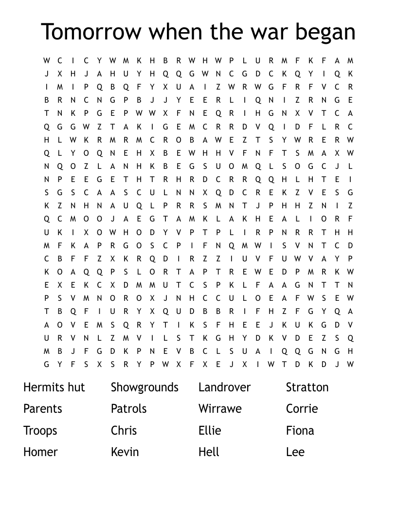 Tomorrow when the war began Word Search