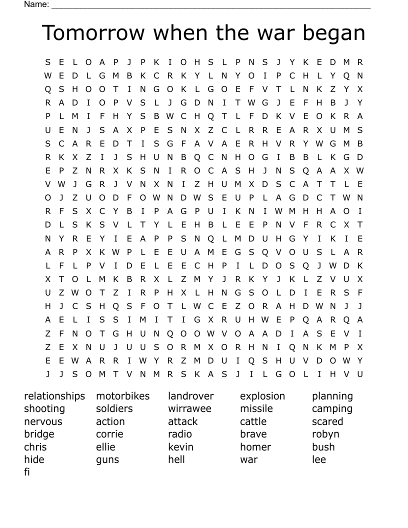 Tomorrow when the war began Word Search