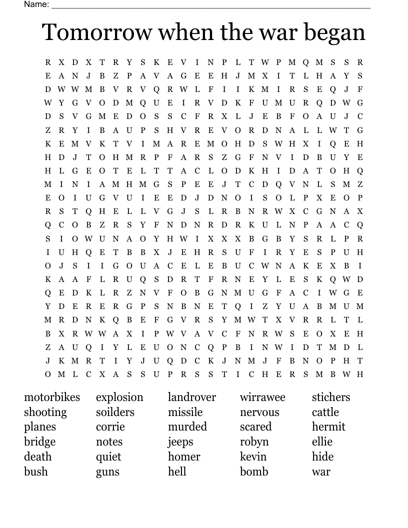 Tomorrow when the war began Word Search