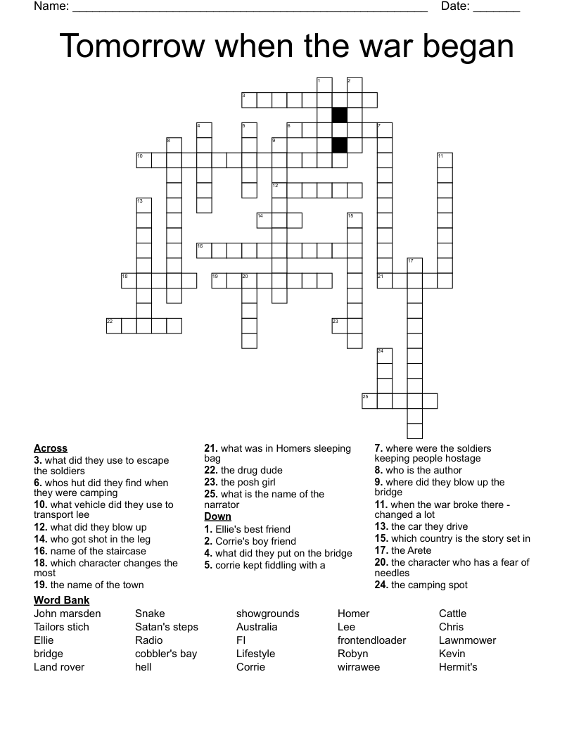 Tomorrow when the war began Crossword