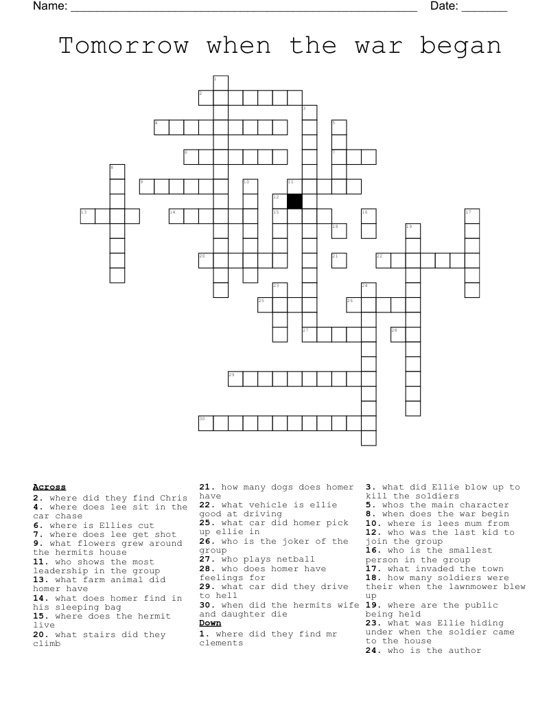 Tomorrow when the war began Crossword