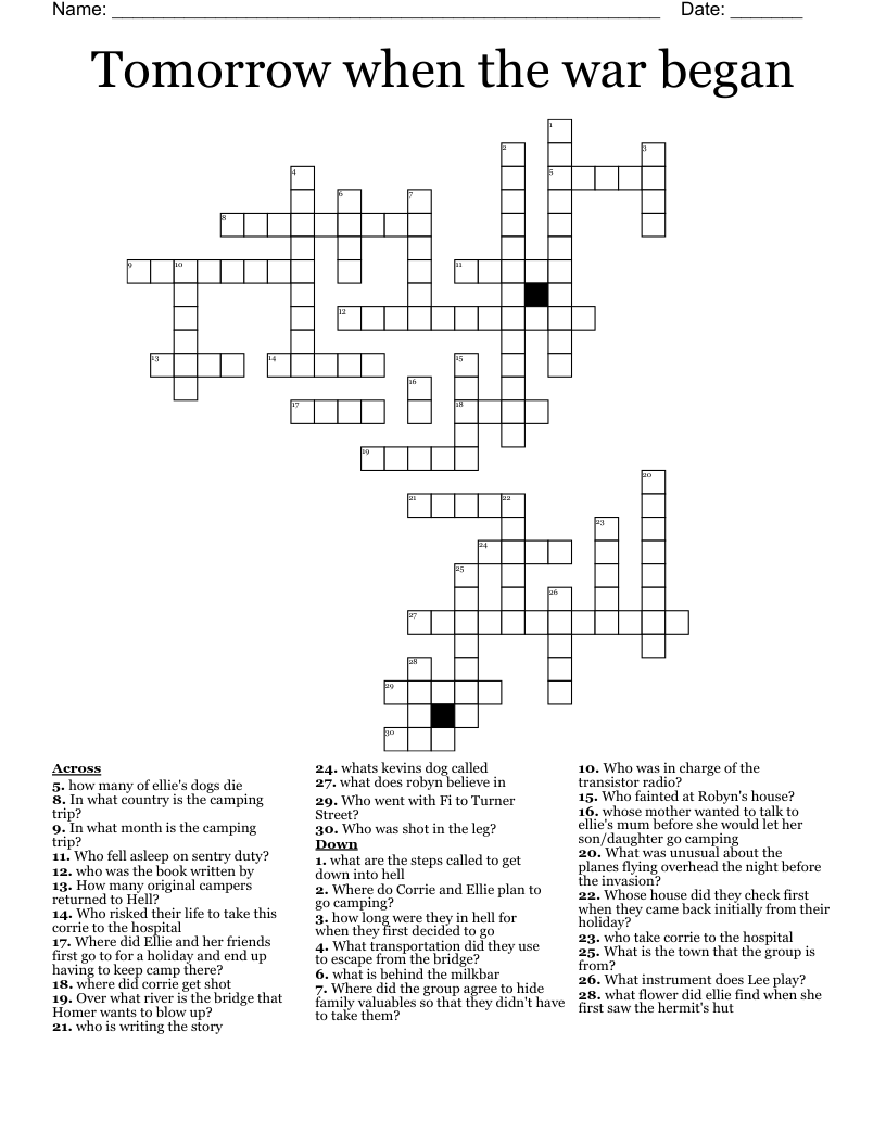 Tomorrow when the war began Crossword