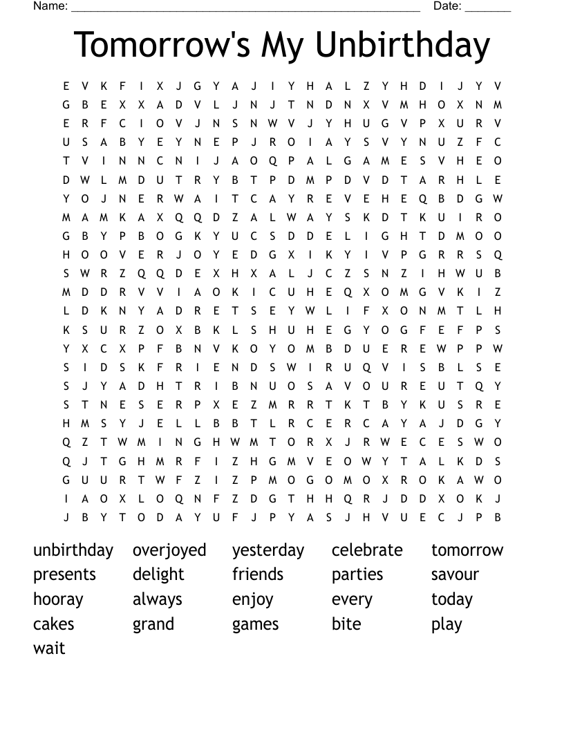 Tomorrow's My Unbirthday Word Search