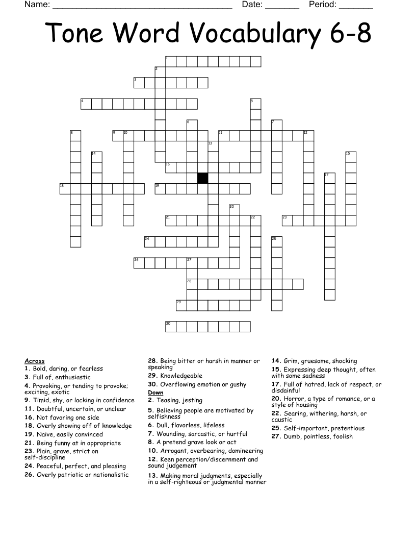 Tone Word Vocabulary 6-8 Crossword